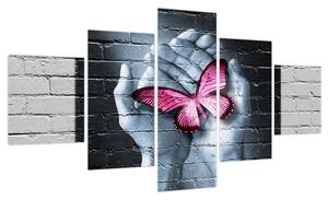 Obraz - Różowy motyl w ścianie (125x70 cm)