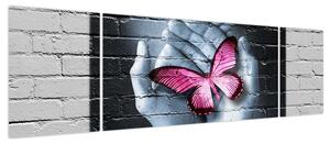 Obraz - Różowy motyl w ścianie (170x50 cm)