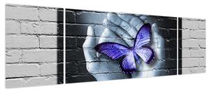 Obraz - Fioletowy motyl na ścianie (170x50 cm)