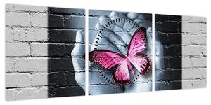 Obraz - Różowy motyl w ścianie (z zegarem) (90x30 cm)