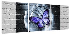 Obraz - Fioletowy motyl na ścianie (z zegarem) (90x30 cm)