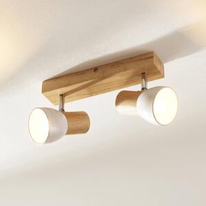 Lampa sufitowa Lindby Thorin, 27 cm, 2-punktowa, biały, drewno, E14 Thorin Lindby, możliwość ściemniania, jasne drewno, salon / jadalnia, drewno, skandynawski