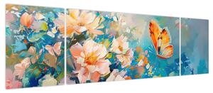 Obraz - Motyl i kwiaty, obraz olejny II. (170x50 cm)
