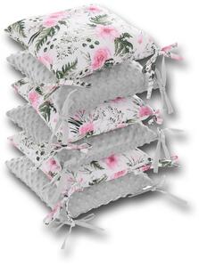 Ochraniacz do łóżeczka modułowy 6 poduszek Bawełna + Minky - Kwiaty różowe + minky szare