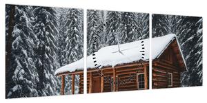 Obraz - Pokryta śniegiem chata (z zegarem) (90x30 cm)
