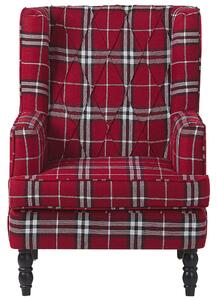 Klasyczny fotel uszak w kratę z podnóżkiem wygodny czerwony Sandset Beliani