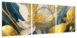 Obraz - Malowanie złotych kwiatów (z zegarem) (90x30 cm)