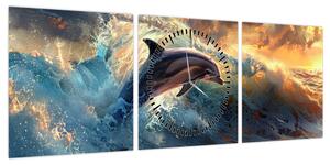 Obraz - Delfin, ilustracje (z zegarem) (90x30 cm)