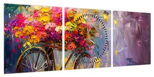 Obraz - Koło z kwiatami (z zegarem) (90x30 cm)