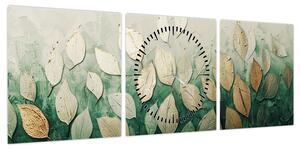 Obraz - Złoto-zielone liście (z zegarem) (90x30 cm)