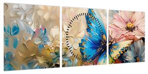 Obraz - Malowanie kwiatów i motyli (z zegarem) (90x30 cm)