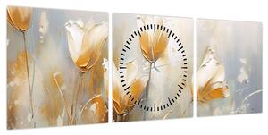 Obraz - Malowanie tulipanów (z zegarem) (90x30 cm)