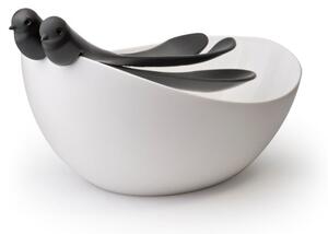 Miska z biało-czarnymi sztućcami sałatkowymi w kształcie ptaszków Qualy&CO Sparrow Salad Bowl