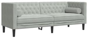 Sofa chesterfield z waÅkami, trzyosobowa, jasnoszara, aksamit