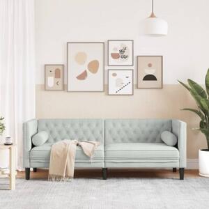Sofa chesterfield z waÅkami, trzyosobowa, jasnoszara, aksamit
