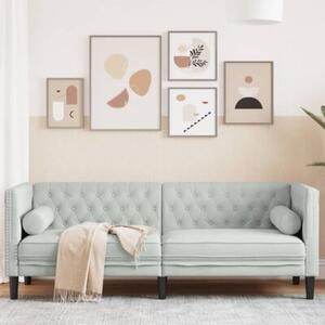 Sofa chesterfield z waÅkami, trzyosobowa, jasnoszara, aksamit