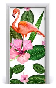 Naklejka samoprzylepna na drzwi Flamingi i kwiaty
