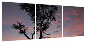 Obraz - Drzewo i czerwonawe odcienie (z zegarem) (90x30 cm)