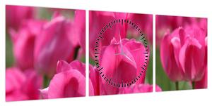 Obraz - Różowe tulipany (z zegarem) (90x30 cm)