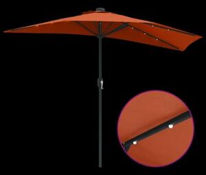 Nowoczesny parasol ogrodowy z oświetleniem LED w kolorze terakota, składany i regulowany, z ręcznym mechanizmem korby