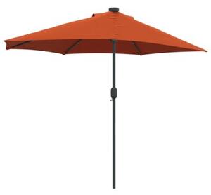 Nowoczesny parasol ogrodowy z oświetleniem LED w kolorze terakota, składany i regulowany, z ręcznym mechanizmem korby