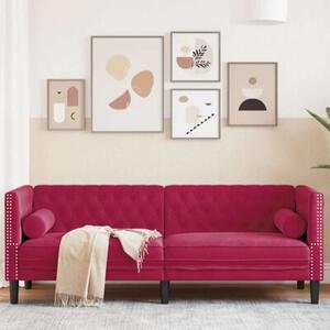 Sofa chesterfield z waÅkami, trzyosobowa, bordowa, aksamit