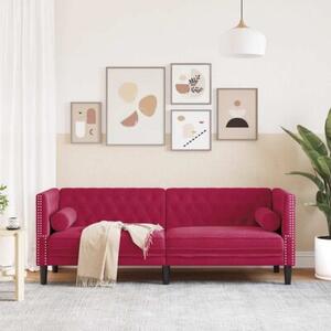 Sofa chesterfield z waÅkami, trzyosobowa, bordowa, aksamit