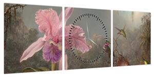Obraz - Martin Johnson Heade, Cattleya Orchid and Three Hummingbirds, reprodukcje (z zegarem) (90x30 cm)