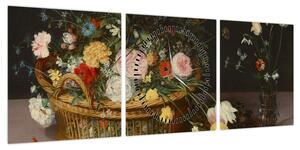 Obraz - Jan Brueghel the Elder, Flowers in a Basket and a Vase, reprodukcje (z zegarem) (90x30 cm)