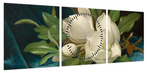 Obraz - Martin Johnson Heade, Giant Magnolias on a Blue Velvet Cloth, reprodukcje (z zegarem) (90x30 cm)