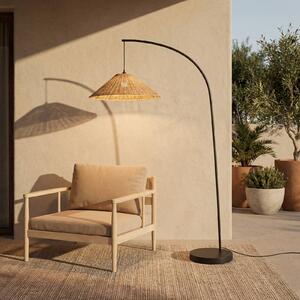 Lucande Lampa stojąca zewnętrzna Taniola, stożkowa, rattan, 195 cm, IP44 Taniola, ciemne drewno, drewno, dworkowy / rustykalny
