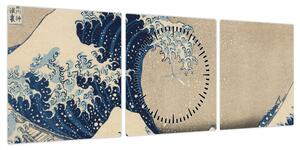 Obraz - Katsushika Hokusai, Under the Wave off Kanagawa, reprodukcje (z zegarem) (90x30 cm)