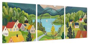 Obraz - Wioska w górach (z zegarem) (90x30 cm)