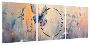 Obraz - Łąka z motylem II (z zegarem) (90x30 cm)