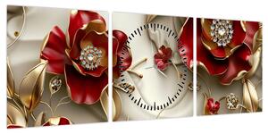 Obraz - 3D czerwono-złote kwiaty (z zegarem) (90x30 cm)