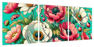 Obraz - Kwiaty na niebieskim tle (z zegarem) (90x30 cm)