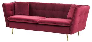 Welurowa 3-osobowa sofa pikowana złote nogi z 2 poduszkami ciemnoczerwona Frederica Beliani