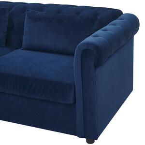 Sofa rozkładana tapicerowana welurowa pikowana 3-osobowa niebieska Chesterfield Beliani