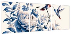 Obraz - Kolibry nad kwiatem (z zegarem) (90x30 cm)
