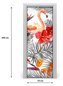 Naklejka samoprzylepna na drzwi Flamingi i kwiaty