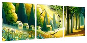 Obraz - Wieś w żółto-zielonym (z zegarem) (90x30 cm)