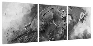 Obraz - Papugi akwarelowe (z zegarem) (90x30 cm)