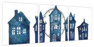 Obraz - Niebieskie domy akwarelowe (z zegarem) (90x30 cm)