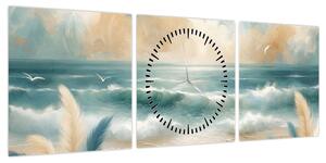 Obraz – Malowana plaża w delikatnych kolorach (z zegarem) (90x30 cm)