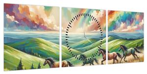 Obraz – Konie galopujące przez krajobraz (z zegarem) (90x30 cm)