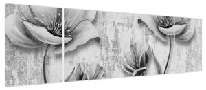 Obraz - Czarno-białe kwiaty na tle (170x50 cm)