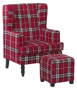 Klasyczny fotel uszak w kratę z podnóżkiem wygodny czerwony Sandset Beliani