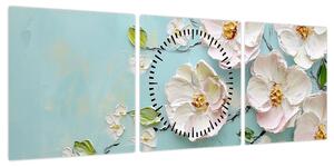 Obraz - Kwiatki na niebieskim tle (z zegarem) (90x30 cm)