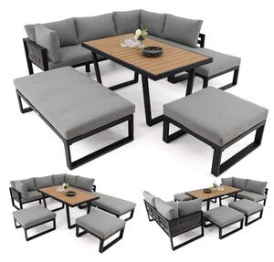 MebleMWM Zestaw mebli ogrodowych SIENA SUPER BIG + Stół Sycylia | Aluminium czarny | Szare poduszki | OUTLET