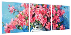 Obraz - Wazon z różowymi kwiatami (z zegarem) (90x30 cm)